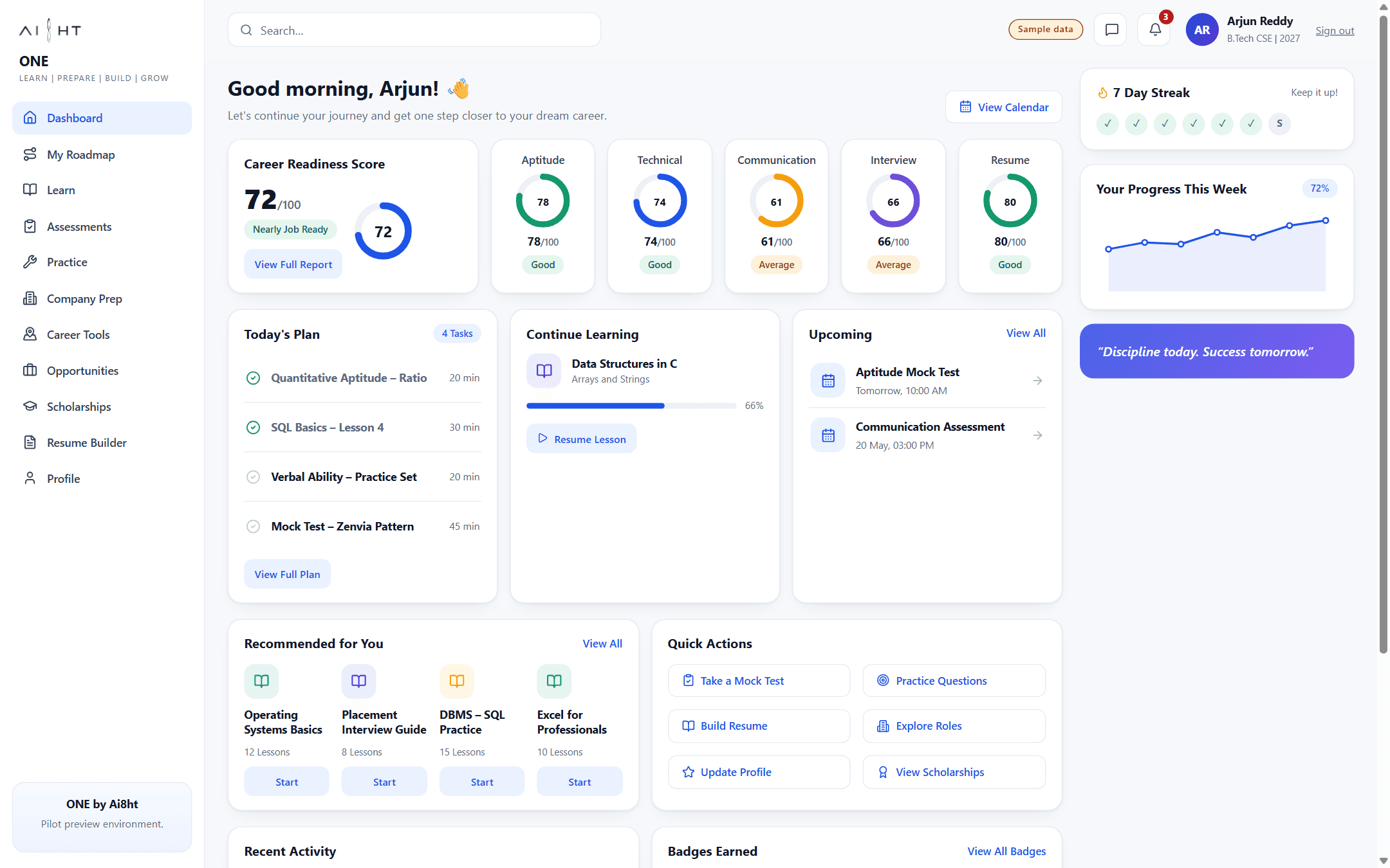 ONE student dashboard preview